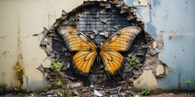 Butterfly Emerging From A Cocoon, Turning Into A Piece Of Street Art On A Wall , Concept Of Transformation, Created With Generative AI Technology