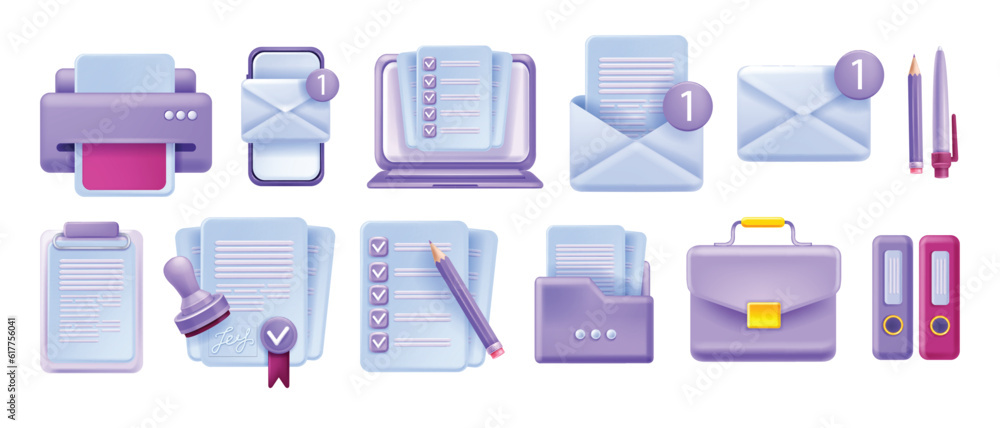 3D document icon vector set, paper report form kit, digital agreement ...
