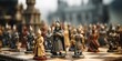 Chess game where the pieces morph into real miniature medieval armies battling on the board , concept of Fantasy war, created with Generative AI technology