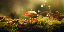 Forest Of Mushrooms On The Ground With Drops Of Water Background, Generative  Ai

