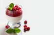 Panna cotta with raspberry jelly and mint leaves in glass glasses on a white table, copyspace