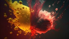 Red And Yellow Toxic Underwater With Red Ink Bomb Traveling Towards The Centre Of The Screen Cinematic Depth Of Field Hyper Realistic Caustics 