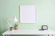 © Future Vision - Empty white frame with copy space in office on green wall, created using generative ai technology