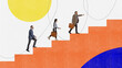 © Lustre - Contemporary art collage with business people walking upstairs over colorful background with geometric shapes. Concept of teamwork, success, goals, career