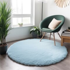 Wall Mural - blue round fluffy rug on floor in living room, created using generative ai technology