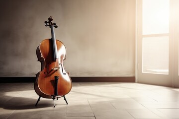Wall Mural - brown cello displayed next to window in sunny room, created using generative ai technology