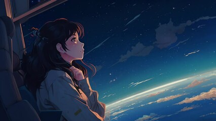 Wall Mural - Cute anime girl looking at the night sky. Spaceship. Futuristic illustration. Music video background. For lo-fi chill hip hop songs. Cartoon artwork of woman in space. Planet earth from space station.