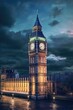 Lit big ben tower in london at night, created using generative ai technology