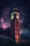 Fototapeta Big Ben - Lit big ben tower in london at night, created using generative ai technology