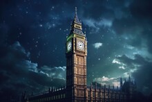 Lit Big Ben Tower In London At Night, Created Using Generative Ai Technology