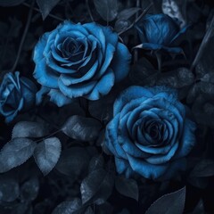 Wall Mural - close up of blue roses on black background, created using generative ai technology
