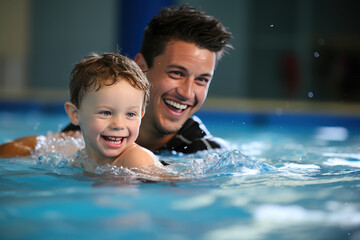 Wall Mural - Candid capture of a young boy with an adult swimming . Generative AI