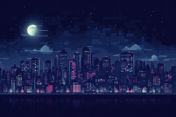 Wall Mural - Night city illustration with moon and stars. Pixel art.