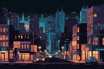 Wall Mural - Street of modern night city, pixel art illustration.