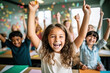 © wolfhound911 - Joyful girls students kids celebrate successful completion of collective school work in a bright classroom. Generative AI