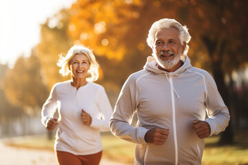 Wall Mural - Portrait of lovely happy elderly couple on morning run outside in city park. Generative AI