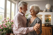 © wolfhound911 - Romantic senior family couple wife and husband dancing to music together in living room. Generative AI