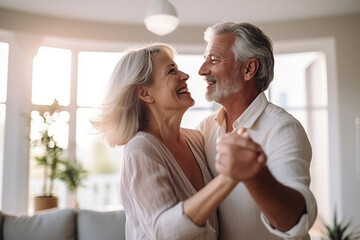 Romantic senior family couple wife and husband dancing to music together in living room. Generative AI