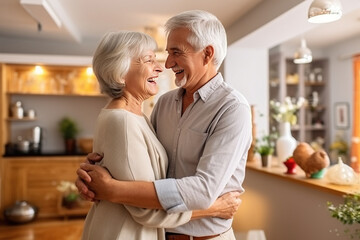 Romantic senior family couple wife and husband dancing to music together in living room. Generative AI