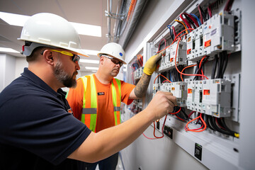 Two professional male electricians collaboratively working on a fuse box, emphasizing the importance of trade skills, safety, and apprenticeship. Generative AI