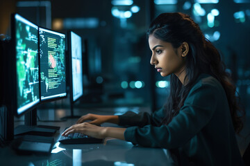 Young Female Artificial Intelligence Engineer Working on Computer in a Technological Office. Young Indian Specialist Writing Software Code for an Innovative Big Data Blockchain Project. Generative AI