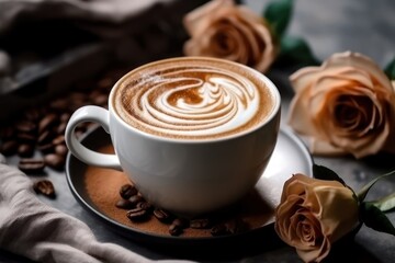 Handcrafted coffee with latte rose art in a white cup with desk background - Generative AI