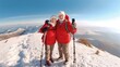 © Salsabila Ariadina - Happy smile elderly couple of hikers in the ascent to the summit take a selfie phone on the snow highlands landscape around