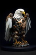 mechanical american eagle robot isolated on plain black studio background, made with generative ai