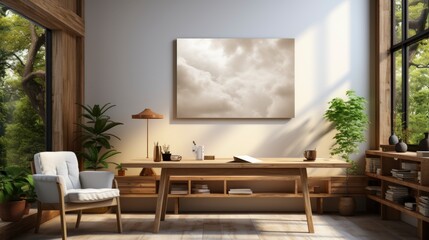  Poster mock up in home interior background, home office, Scandi-boho style, 3d render. Created with generative ai.