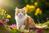 Fototapeta Koty - cat on the grass with beautiful flowers generated AI