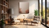 Fototapeta Panele - Poster mock up in home interior background, home office, Scandi-boho style, 3d render. Created with generative ai.