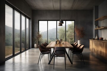 Wall Mural - Interior of a dark dining area with chairs on a concrete floor. A dining room with minimalist furniture and a view of the countryside. copy blank frame in. Generative AI