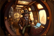 Inside A Medieval Large Rusty Star Wars Escape Pod Steam Punk Chamber Is A Small DD Gnome Artificer Riverboat Gambler Gunslinger With A Bowler Hat Vest With Pocket Watch Handle Bar Mustache Metal 
