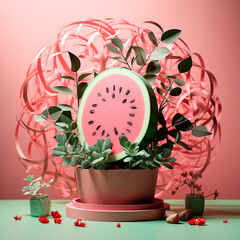 A watermelon half nested in a clay pot and branches of a money tree. In the background is a decoration made of paper.