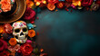 © Stock Love - Day of the dead dark background with Skull mask, mexiacan hat and flowers. Holiday banner with traditional skull for postcard, poster, web site, greeting invitation, Copy Space. AI generated