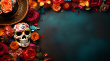 Day Of The Dead Dark Background With Skull Mask, Mexiacan Hat And Flowers. Holiday Banner With Traditional Skull For Postcard, Poster, Web Site, Greeting Invitation, Copy Space. AI Generated