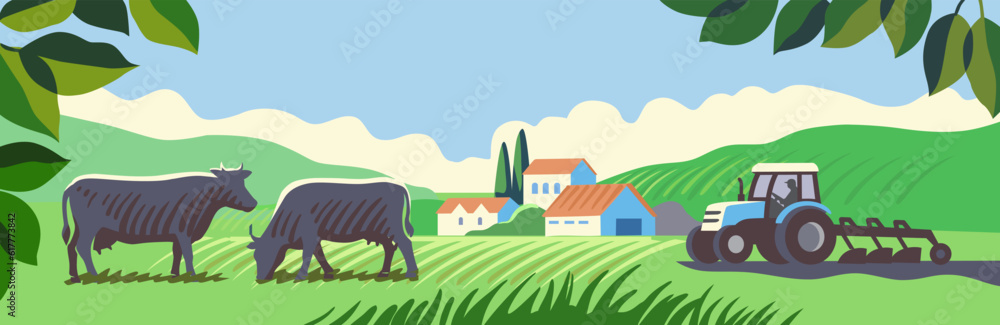 Rural landscape with tractor and cows. Agriculture Stock Vector | Adobe ...