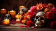 © Stock Love - Day of the dead background with skull mask, candles and flowers, front view, close up. Holiday banner with dia de los muertos skull for postcard, poster, web site, greeting invitation. Copy Space. AI