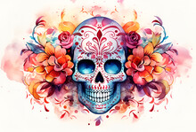 Day Of The Dead Watercolor Skull. Dia De Los Muertos Aquarelle Skull With Flowers On White Background. Holiday Banner With The Skull Created For Postcard, Poster, Web Site, Greeting Invitation. AI