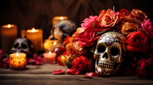 Day Of The Dead Background With Skull Mask, Candles And Flowers, Front View, Close Up. Holiday Banner With Dia De Los Muertos Skull For Postcard, Poster, Web Site, Greeting Invitation. Copy Space. AI