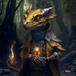 sorcerer kobold with golden scaly skin in a dark forest Show from waste up in a hero pose directly facing camera photorealistic 