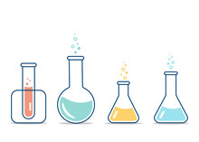 Round And Flat-bottomed Flasks, Test Tubes With Solutions And Reagents. Chemical Reaction. Illustration On The Topic Of Chemistry, Biotechnology, Biology.