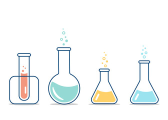 Round and flat-bottomed flasks, test tubes with solutions and reagents. Chemical reaction. Illustration on the topic of chemistry, biotechnology, biology.