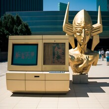 Bitcoin With Graffiti And Digital Multimedia Interface Screens With Occult Code Glitch Space Invaders Integrated Into A Golden Statue Of Osiris With Obsolete Apple Mac Computers In La Defense 