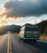 bus camper altes retro wohmobile fährt landstrasse der sonne und zukunft entgegen - generative ki
