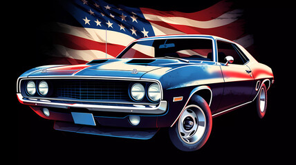 American Muscle Car with USA Flag