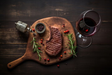 steak on the table with red wine glass