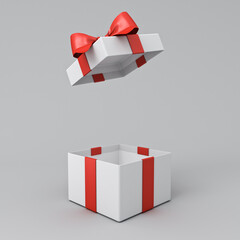 Wall Mural - Open white present box or gift box with red ribbons and bow isolated on white grey background with shadow minimal conceptual 3D rendering