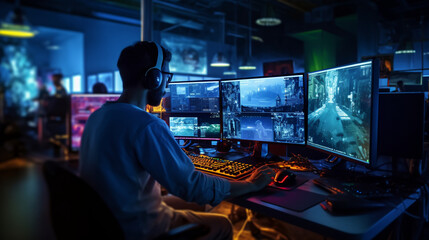 a game developer immersed in the creative process, surrounded by computer screens and gaming console