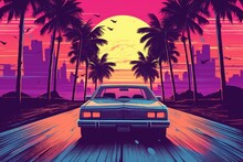 Summer Vibes 80s Style Illustration With Car Driving Into Sunset. Generative AI 5